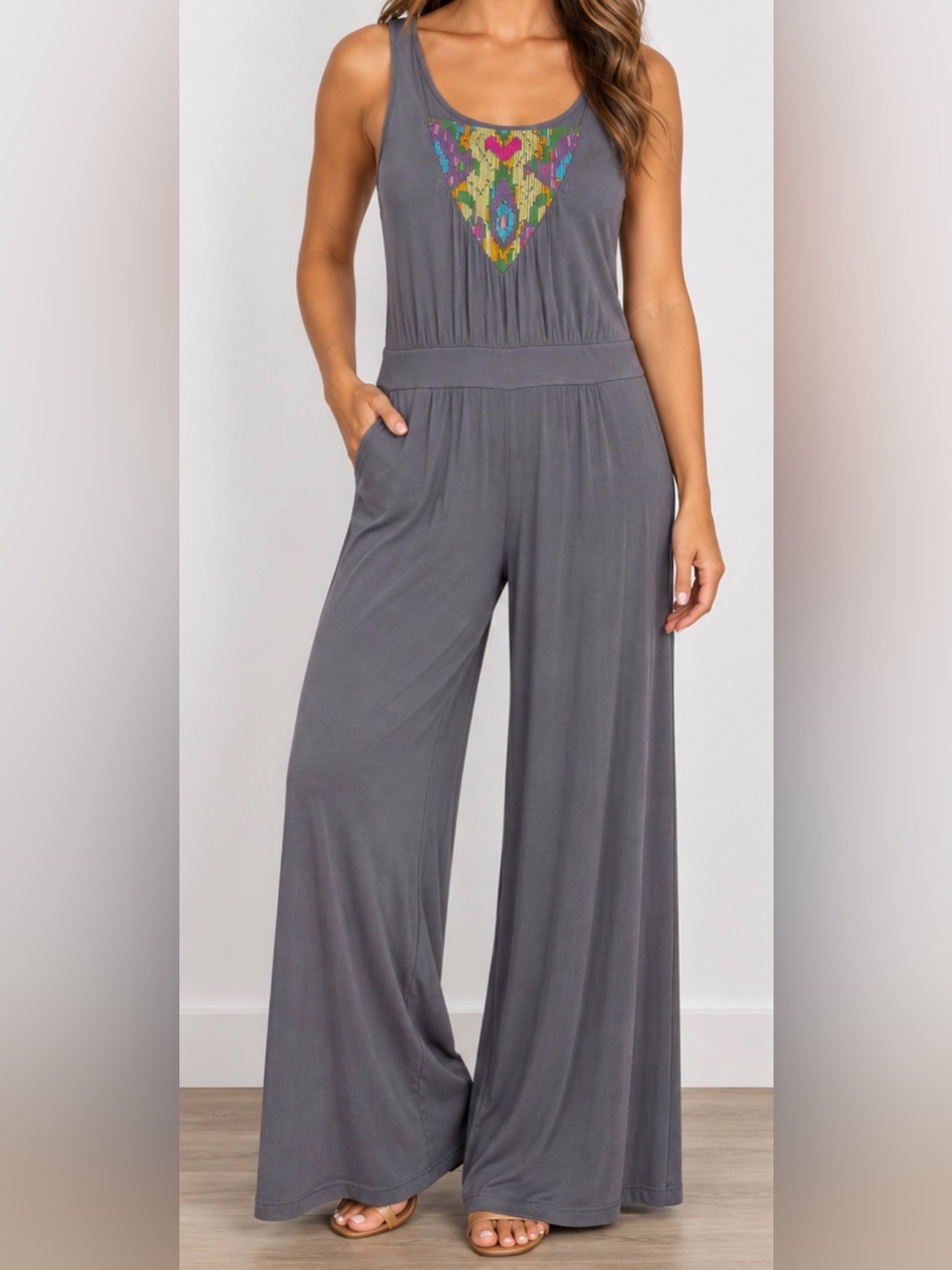 Even Jumpsuit Womens S Gray Wide Leg Embroidered Boho Sleeveless